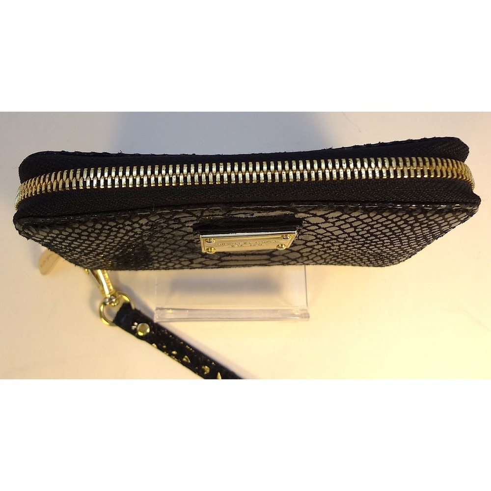 Michael Kors Black Snakeskin Print Zip Around Wristlet Metallic gold interior - Picture 9 of 10